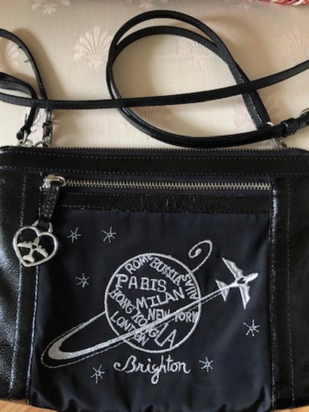 BRIGHTON Travel The World Black Patent Leather & nylon Crossbody Purse Bag Rare